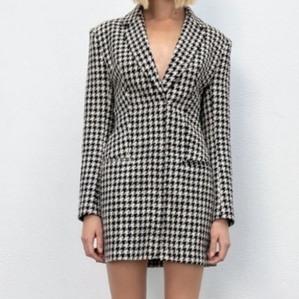 Zara Tweed Houndstooth Structured Blazer Mini Dress in Black/White Medium